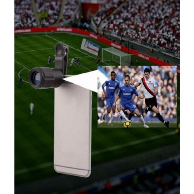 Phone with a projector attachment displaying a soccer game on a screen.
