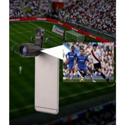 Phone with a projector attachment displaying a soccer game on a screen.