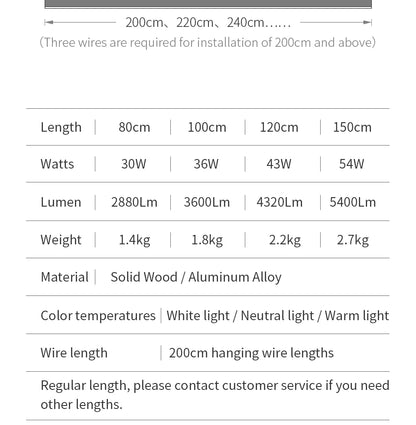 Customized 3m Length Solid Wood LED long Hang Lamp industrial style office bar Kitchen living room Alloy Pendant Light