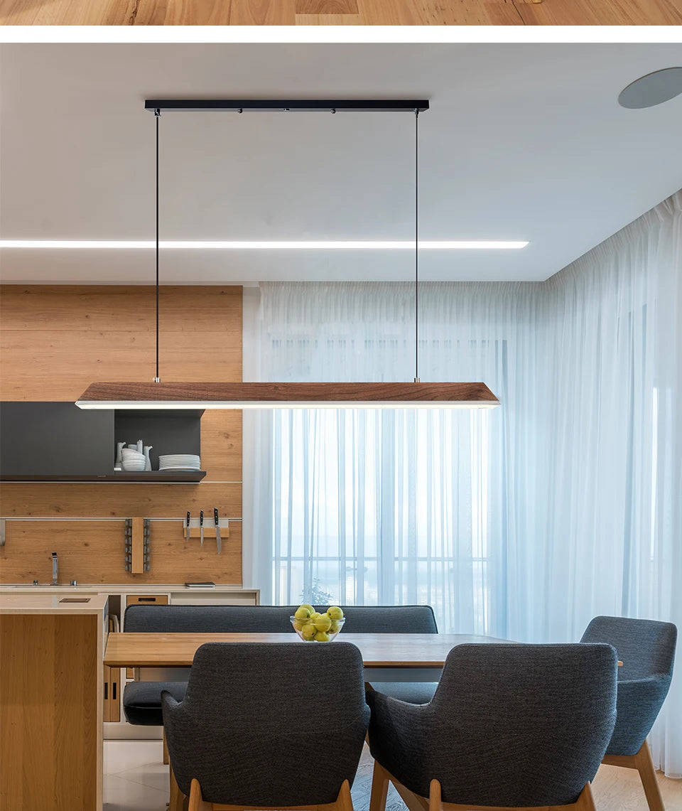 Wooden Pendant Light LED Large Wide Surface Alloy Pendant Lamp Long Strip Lighting Trapezoidal Design for Bar Kitchen Diningroom