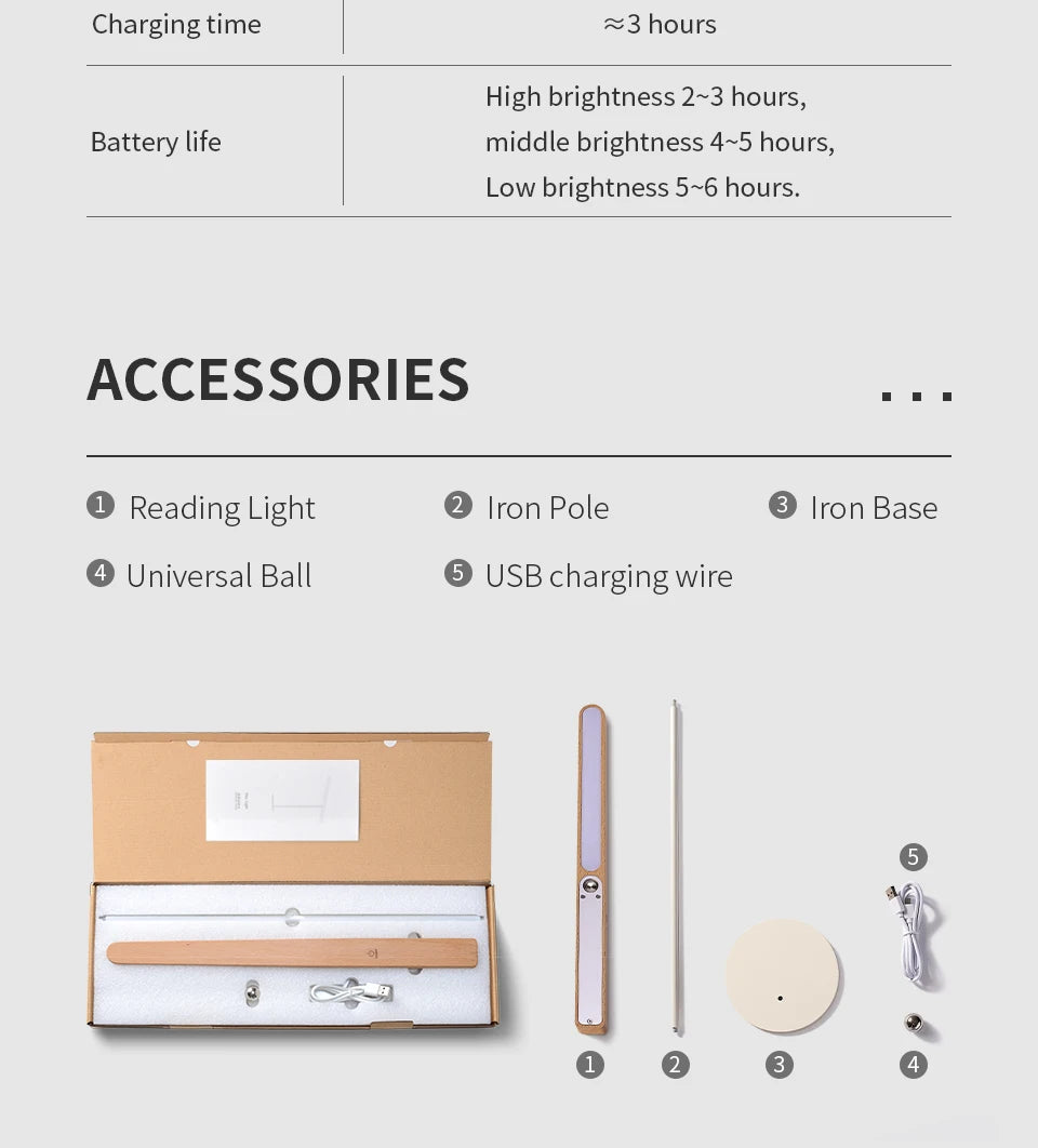 Noble Wood Table Lamp 360° Rotating USB Cable Charging Portable with Magnet Reading Lamps for Bedroom Living Room LED Desk Light