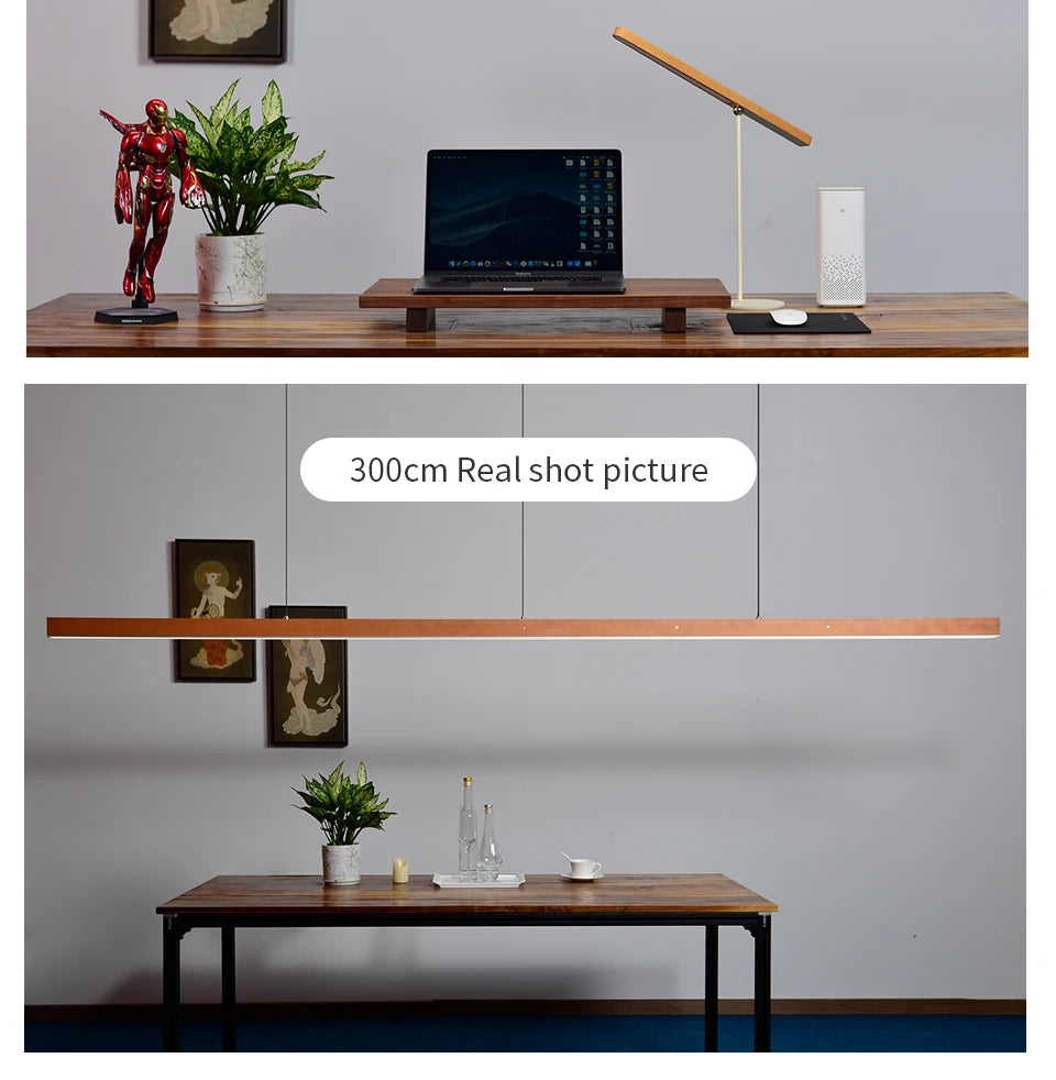 Customized 3m Length Solid Wood LED long Hang Lamp industrial style office bar Kitchen living room Alloy Pendant Light