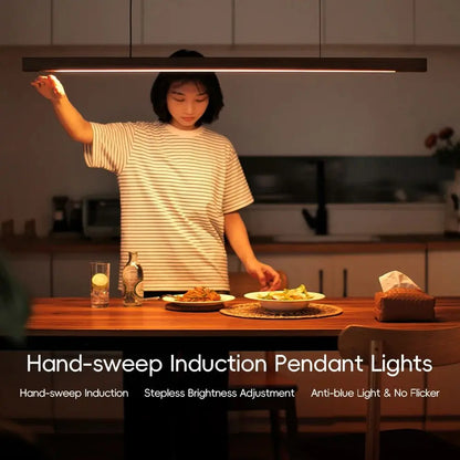 LED Hand Sweep Sensor Pendant Light Black Walnut Wood Modern Hanging Lamps for Dining Living Room Kitchen Office Celling Lamp