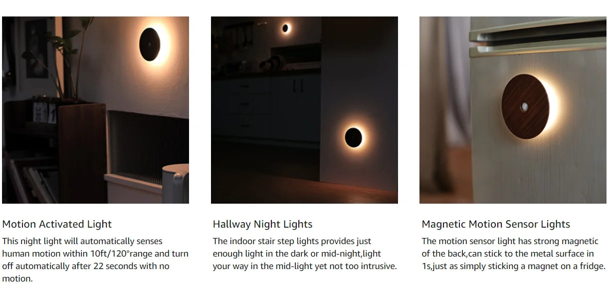 Motion Sensor Night Light Wood USB Rechargeable Stick-On Step Lights Magnetic Wall Lights for Hallway Bedroom Living Room Stair