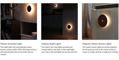 Motion Sensor Night Light Wood USB Rechargeable Stick-On Step Lights Magnetic Wall Lights for Hallway Bedroom Living Room Stair