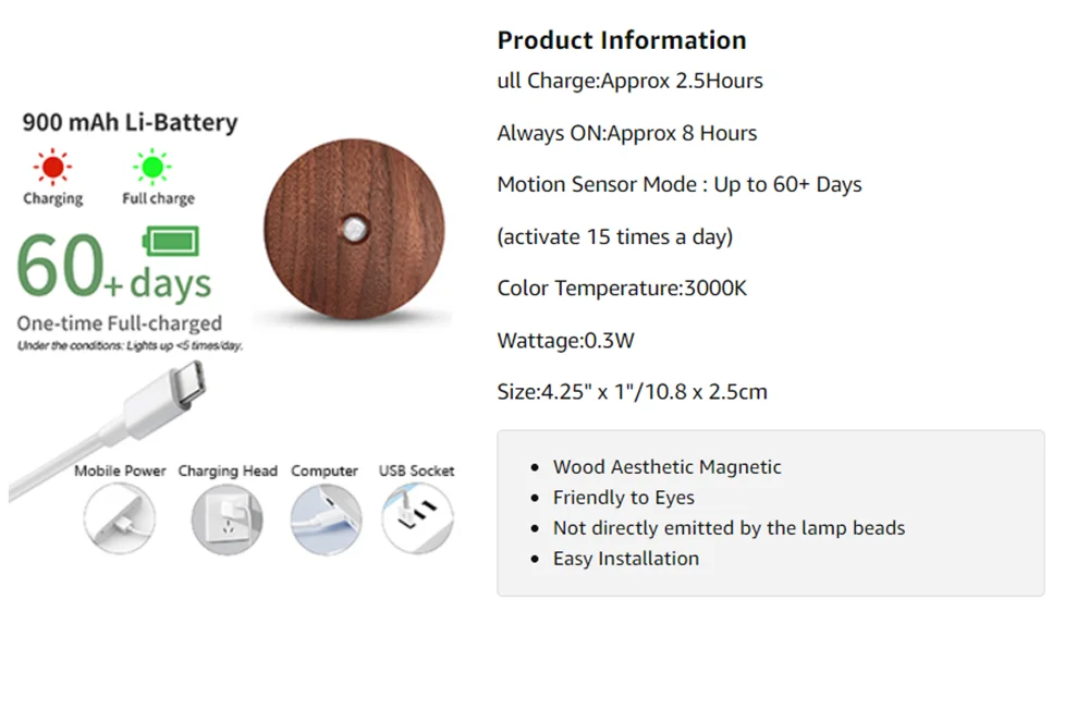Motion Sensor Night Light Wood USB Rechargeable Stick-On Step Lights Magnetic Wall Lights for Hallway Bedroom Living Room Stair