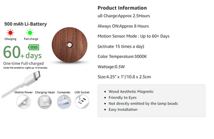 Motion Sensor Night Light Wood USB Rechargeable Stick-On Step Lights Magnetic Wall Lights for Hallway Bedroom Living Room Stair