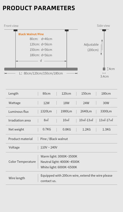 Nordic Wood Pendant Lights LED Modern Hanging Lamps for Dining Living Room Kitchen Office Shop Long Strip Celling Lamp