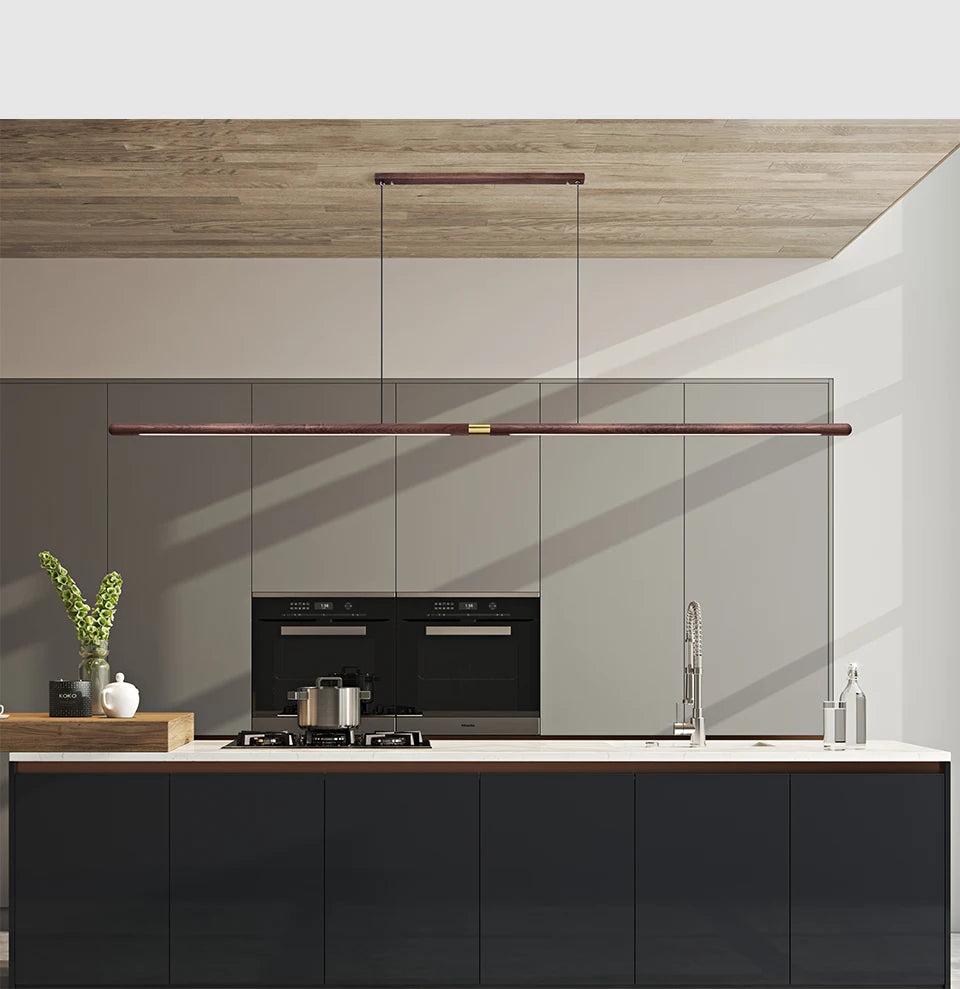 220cm Extended Luxury Modern LED Solid Wood Pendant Lights Long Strip Hang lamp Dining Room Nordic Black Walnut Pendant Lamps
