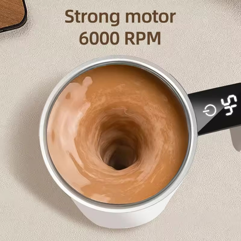 Coffee maker with a strong motor and 6000 RPM text on a beige background