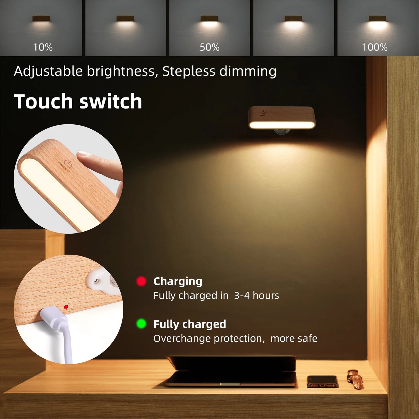 LED Beech Wood Magnetic Rechargeable Night Lights 360° Rotatable Portable Black Walnut Bedroom Wall Bedside Reading Table Lamp