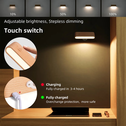 LED Beech Wood Magnetic Rechargeable Night Lights 360° Rotatable Portable Black Walnut Bedroom Wall Bedside Reading Table Lamp