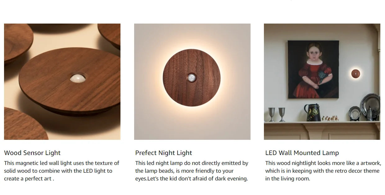 Motion Sensor Night Light Wood USB Rechargeable Stick-On Step Lights Magnetic Wall Lights for Hallway Bedroom Living Room Stair