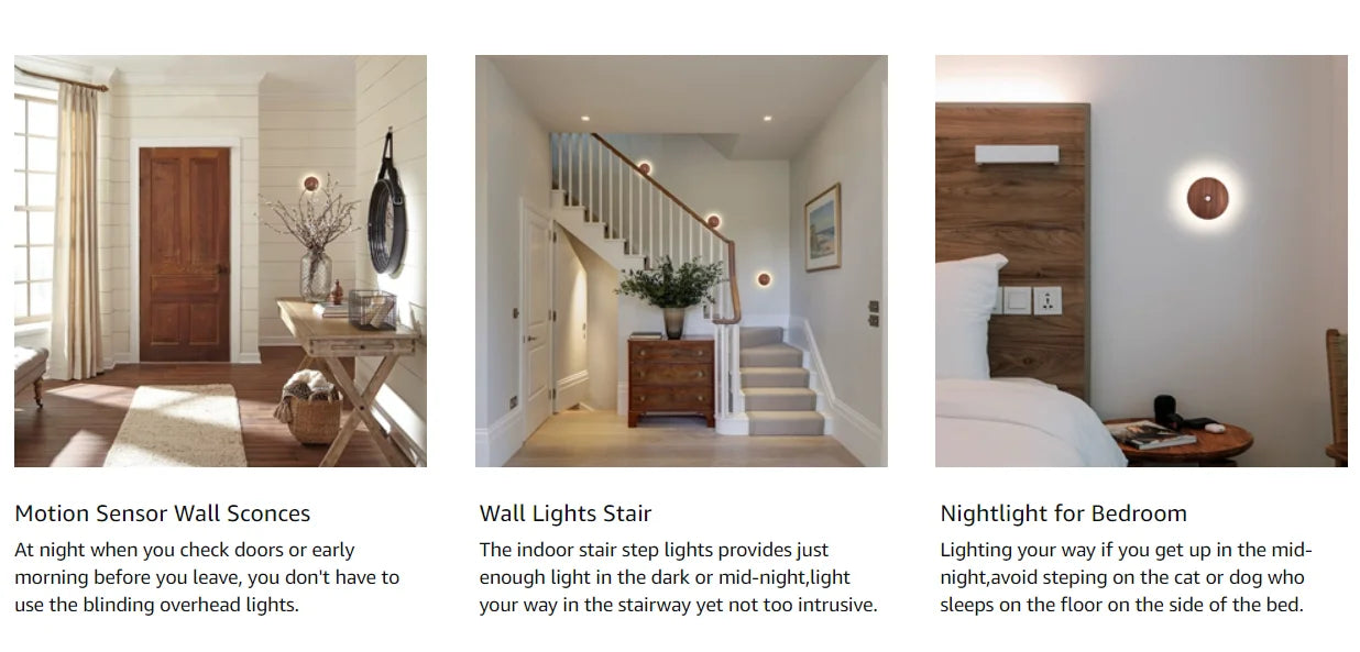 Motion Sensor Night Light Wood USB Rechargeable Stick-On Step Lights Magnetic Wall Lights for Hallway Bedroom Living Room Stair