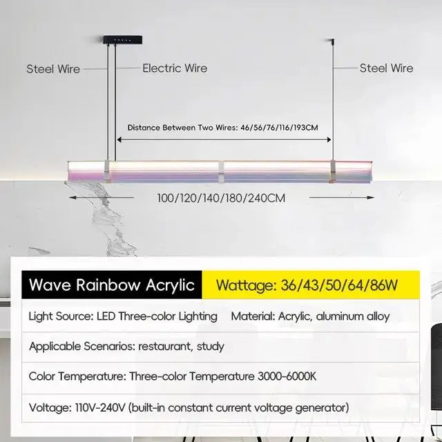 Rainbow Pendant Light LED Acrylic Wide face Combination Pendant Lamp Dimmable Decorative Linear Chandelier