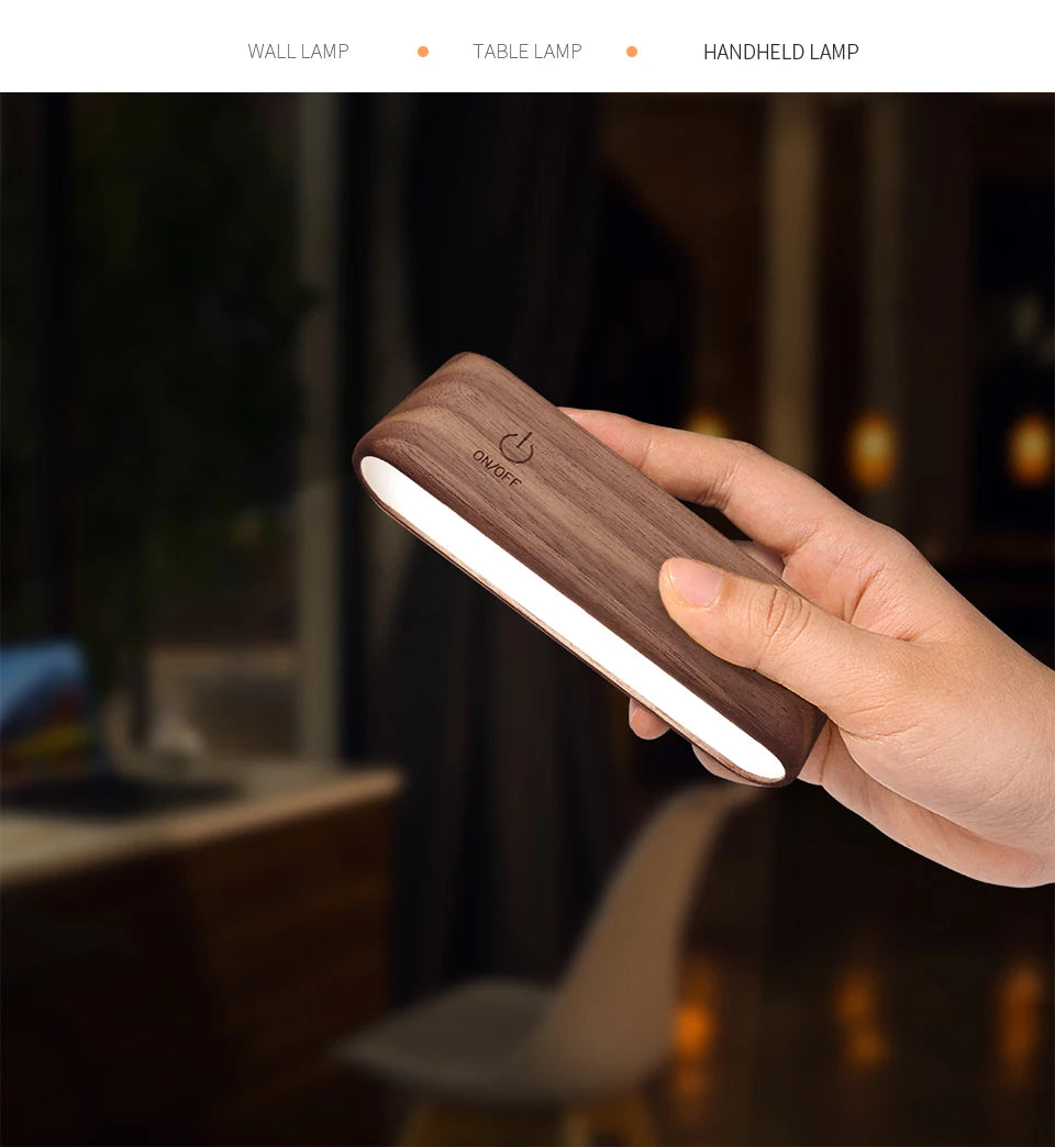 LED Beech Wood Magnetic Rechargeable Night Lights 360° Rotatable Portable Black Walnut Bedroom Wall Bedside Reading Table Lamp