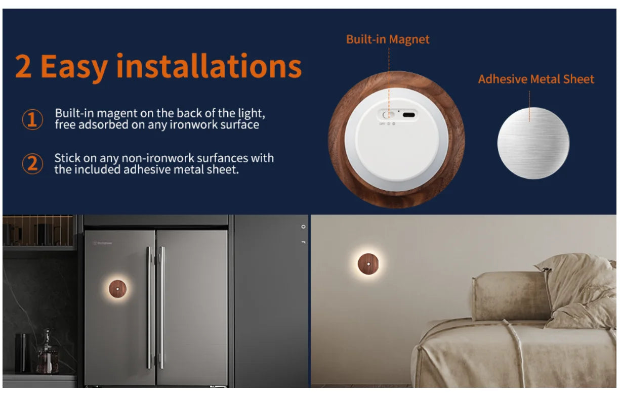 Motion Sensor Night Light Wood USB Rechargeable Stick-On Step Lights Magnetic Wall Lights for Hallway Bedroom Living Room Stair