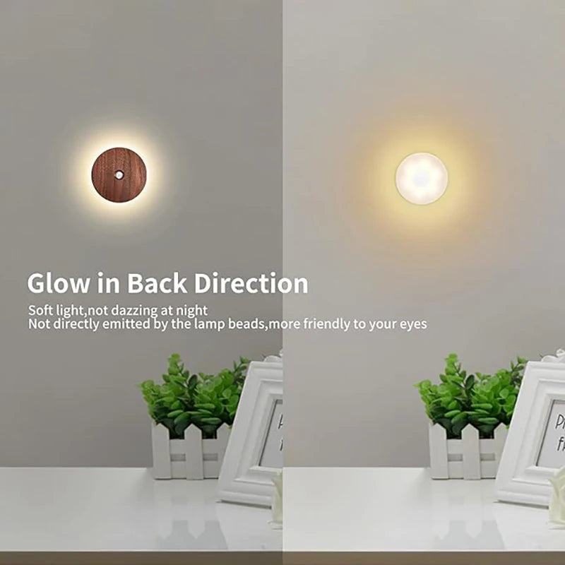 Motion Sensor Night Light Wood USB Rechargeable Stick-On Step Lights Magnetic Wall Lights for Hallway Bedroom Living Room Stair