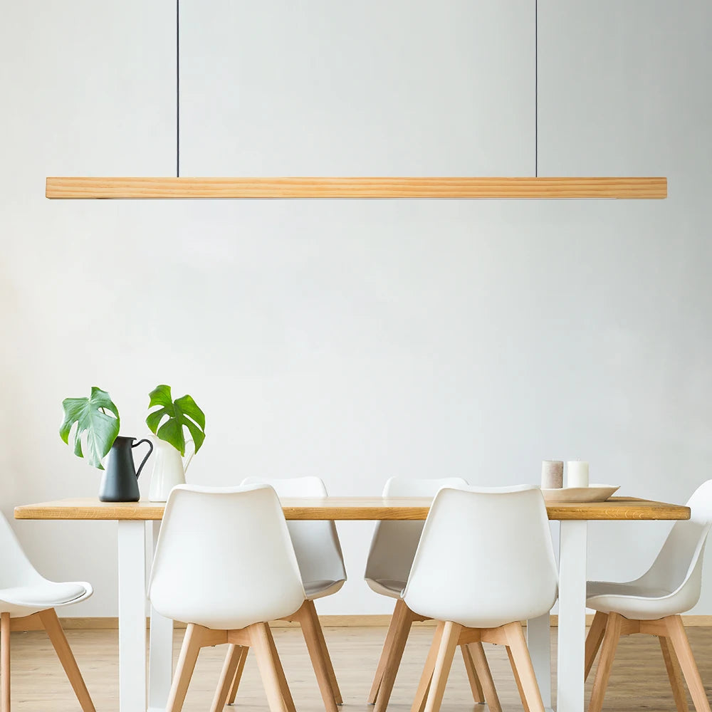 Nordic Wood Pendant Lights LED Modern Hanging Lamps for Dining Living Room Kitchen Office Shop Long Strip Celling Lamp
