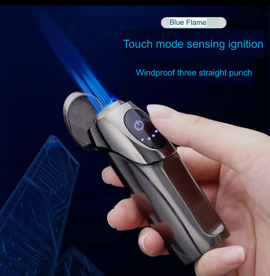 New Personality Windproof Three Fire Blue Flame Straight Inflatable Lighter Creative LED Electric